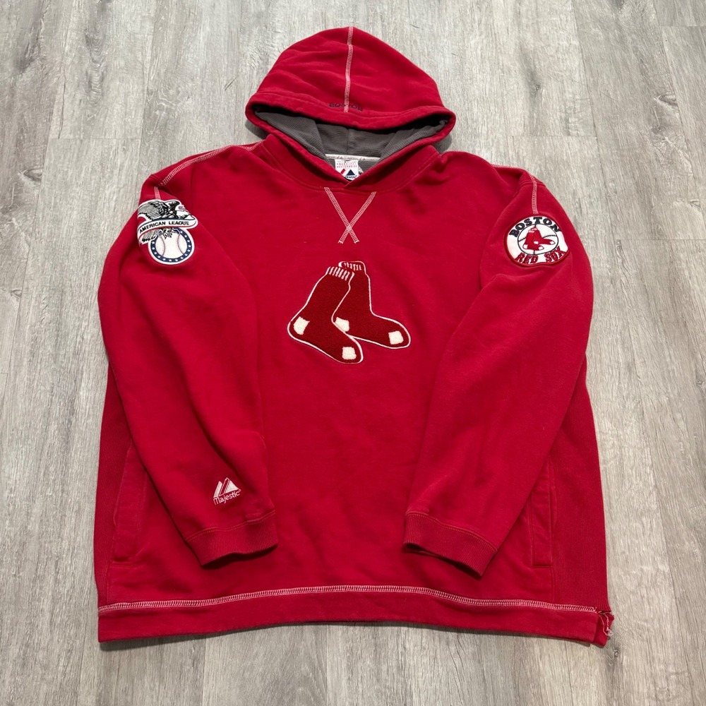 Vintage Majestic Boston Red Sox MLB Hoodie Red Chenille Patch Pullover Mens XL